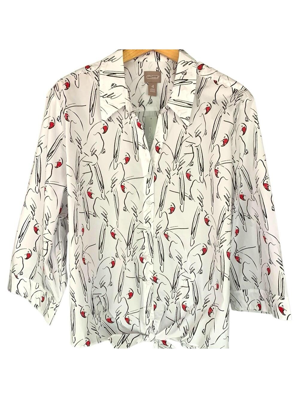 Chico's Amazon Parrots Tie Front Popover Top NWT Size 4 2X Novelty Bird Blouse